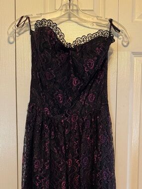 VINTAGE 80’s Women's Black Lace Midi Dress with Purple Floral Detail